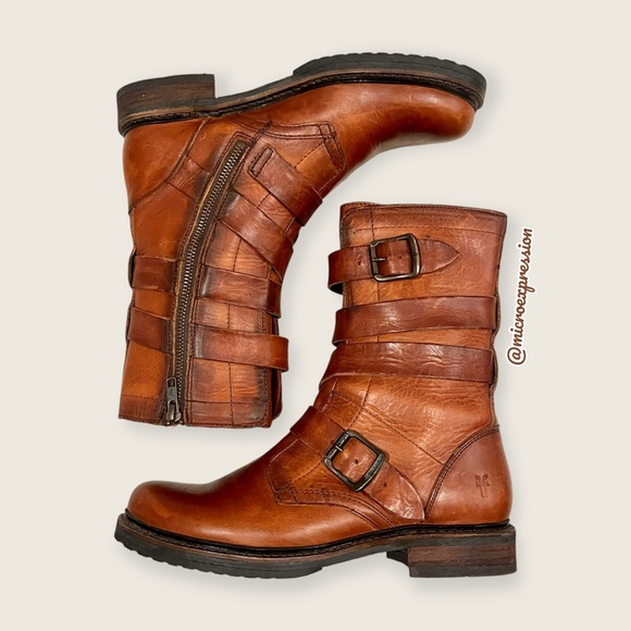 $389 Veronica Tanker Cognac Brown Real Leather Strappy Belted Moto Combat Boots - Picture 13 of 14